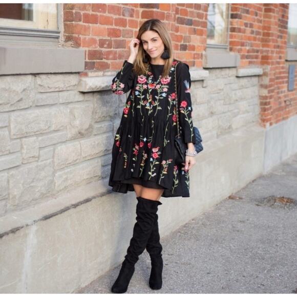 Zara Dresses & Skirts - Zara Embroidered Floral Black Dress